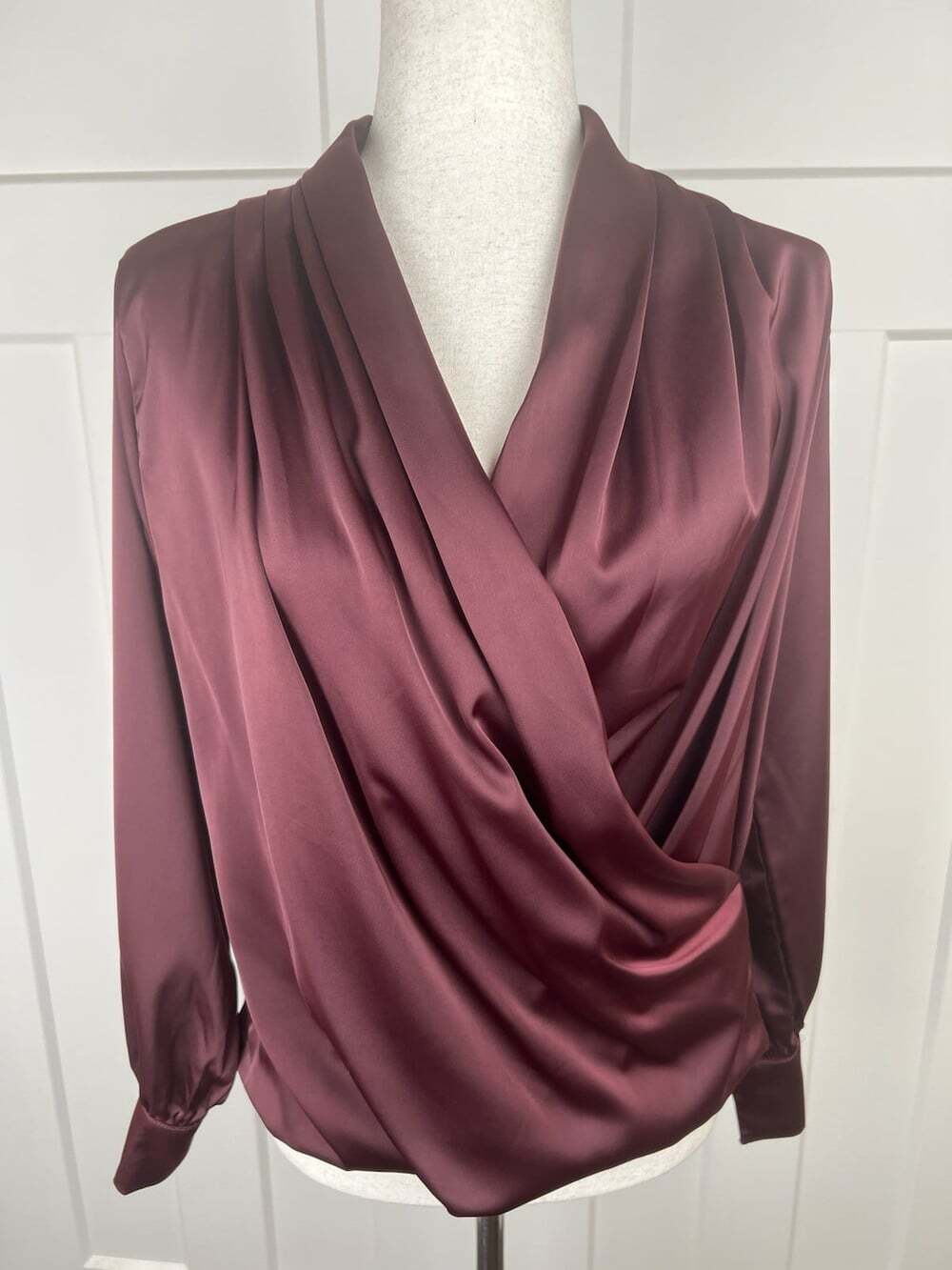 She + Sky NWT Burgundy Satin Crossover Drape Blouse Medium Holiday Party